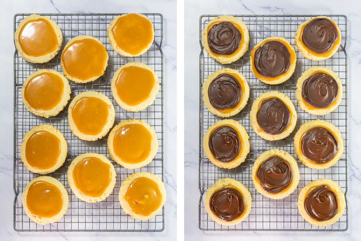 Crumbl Copycat Twix Cookies With Caramel and Toffee Caramel spread over cooled cookies beside melted chocolate spread over the caramel layer.