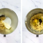 Crumbl Copycat Twix Cookies With Caramel and Toffee Butter and sugars in a mixer bowl beside egg, oil, and vanilla added to the creamed cookie mixture.