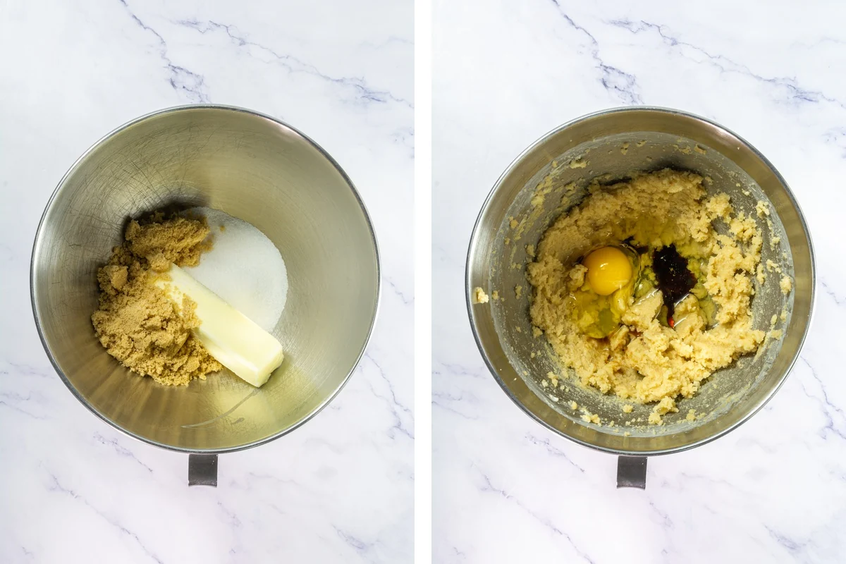 Crumbl Copycat Twix Cookies With Caramel and Toffee Butter and sugars in a mixer bowl beside egg, oil, and vanilla added to the creamed cookie mixture.