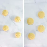 Crumbl Copycat Twix Cookies With Caramel and Toffee Large scoops of toffee cookie dough beside flattened oversized cookie dough discs on parchment.