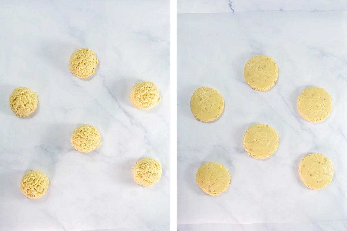 Crumbl Copycat Twix Cookies With Caramel and Toffee Large scoops of toffee cookie dough beside flattened oversized cookie dough discs on parchment.