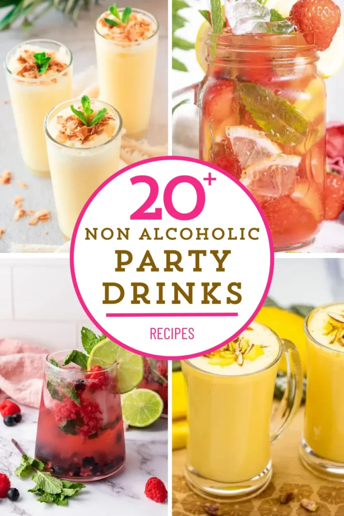 Collage of 20+ non-alcoholic party drinks recipes featuring fruity mocktails, smoothies, and mango lassi.