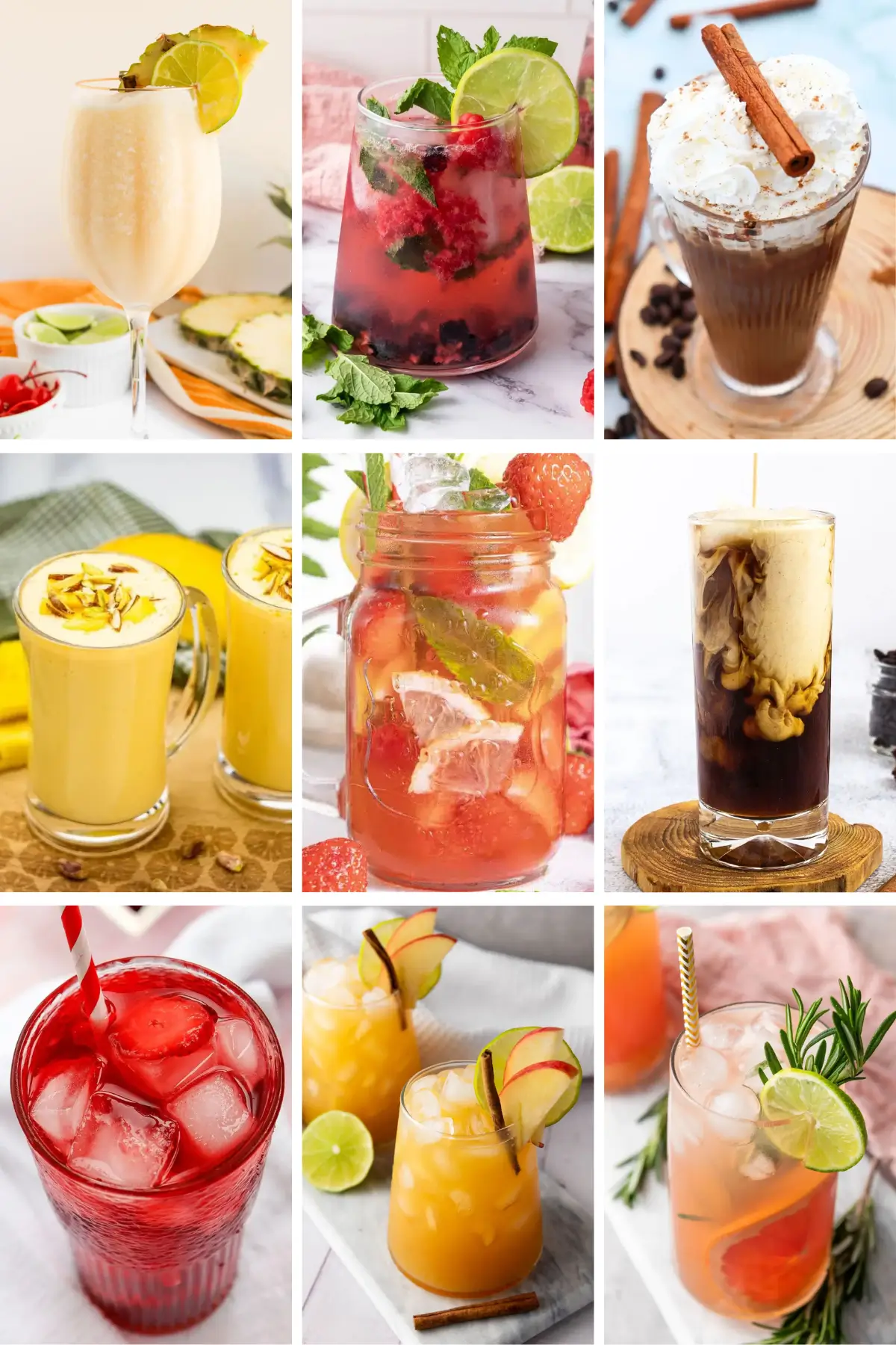 Easy Non Alcoholic Drinks for Parties with Friends Collage of colorful summer beverages: fruit mocktails, smoothies, and iced coffee with citrus and mint - all easy non alcoholic drinks