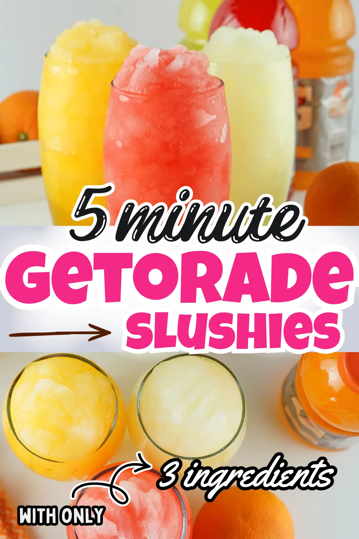 Colorful Gatorade slushies in glasses, easy 5-minute recipe made with only 3 ingredients.