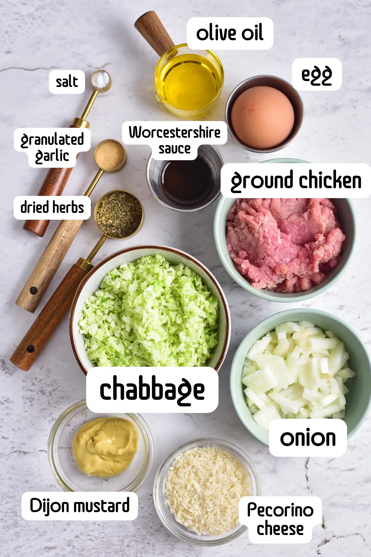 Ingredients for ground chicken burgers with hidden cabbage