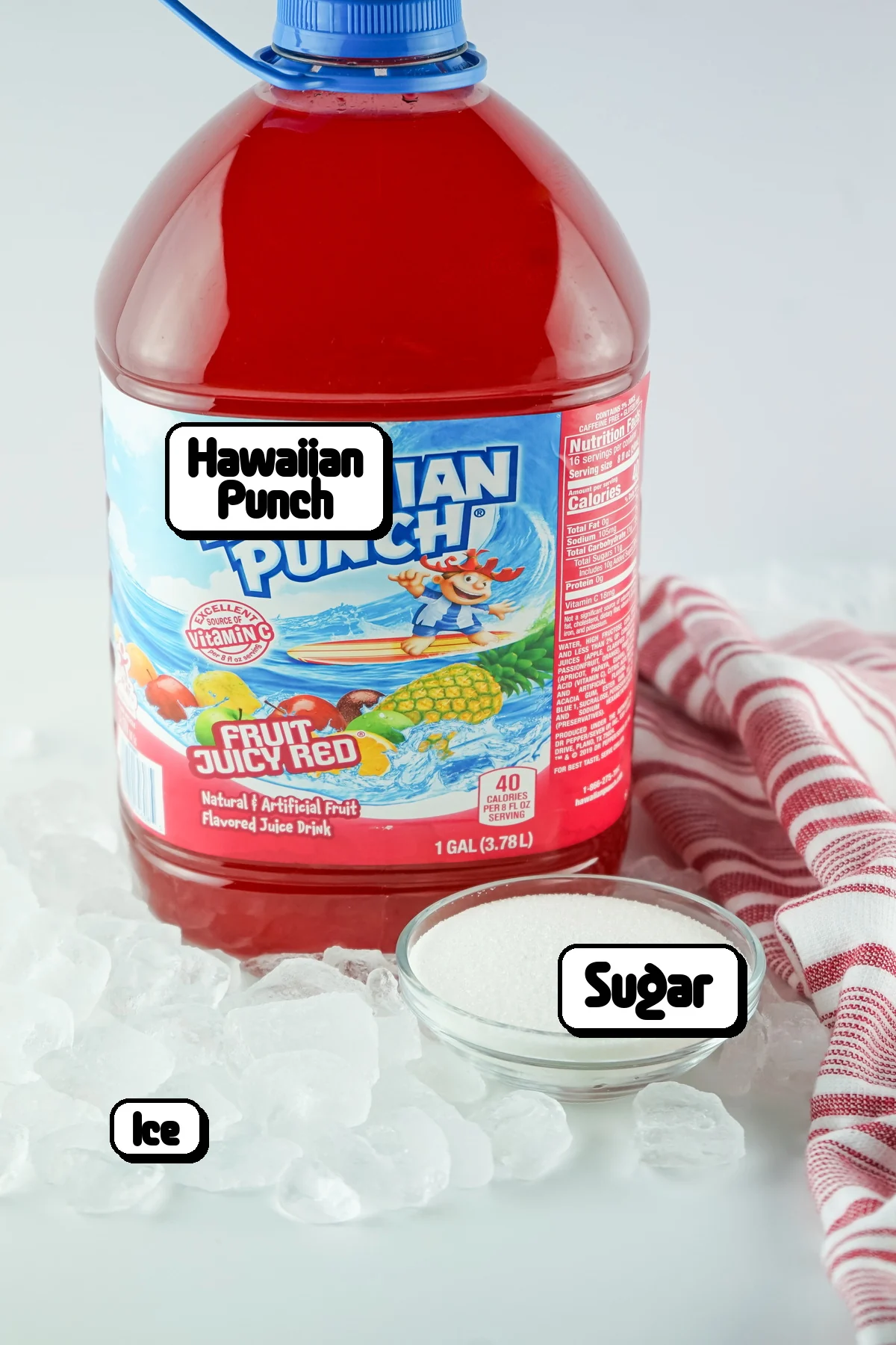 Labeled ingredients for Hawaiian Punch slushies including Hawaiian Punch, sugar, and ice.