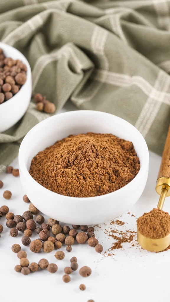 Ground allspice in a white bowl with whole allspice berries.