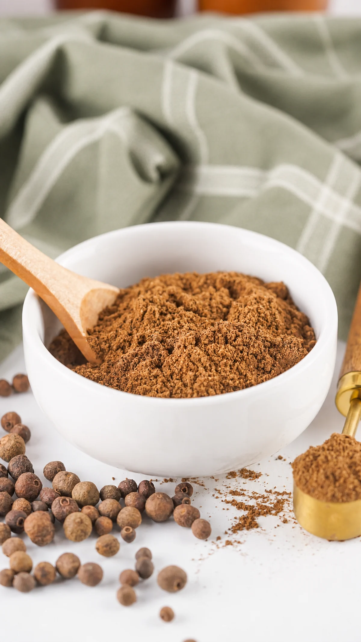How to Make Ground Allspice From Whole Berries Fresh ground allspice in a white bowl with whole berries.