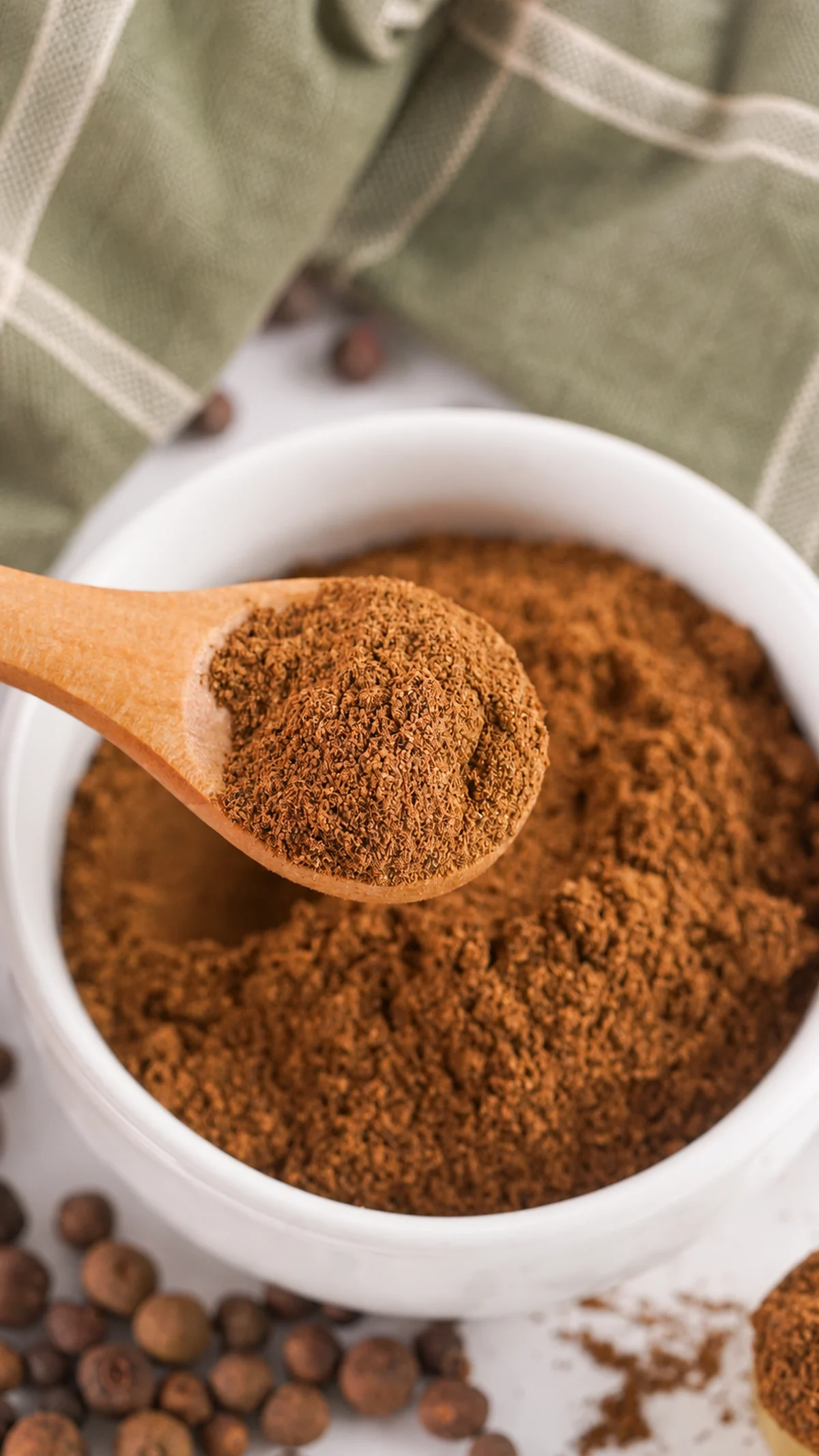 How to Make Ground Allspice From Whole Berries Fine ground allspice powder on a wooden spoon.
