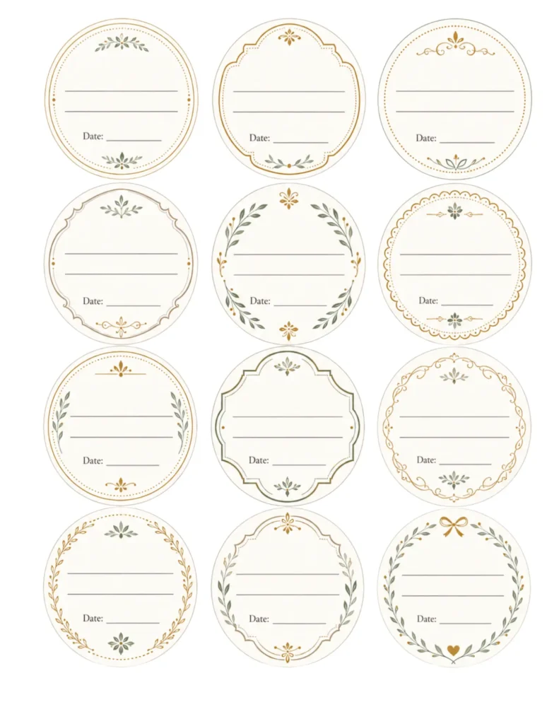 Set of 12 printable vintage round label templates with floral borders and date lines