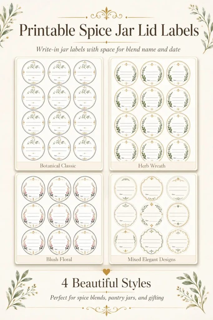 Printable spice jar lid labels, 4 elegant floral styles with write-in name and date fields for organized pantry jars.