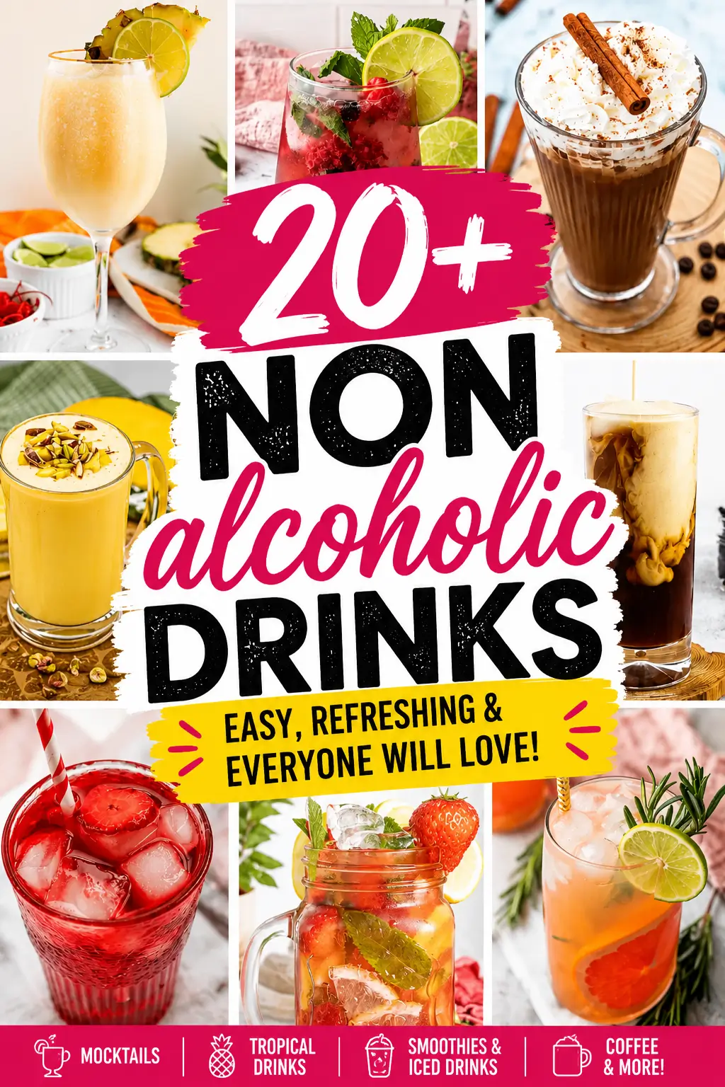 Easy Non Alcoholic Drinks for Parties with Friends Collage of 20+ non-alcoholic drinks, including mocktails, smoothies, iced coffee, and tropical sips