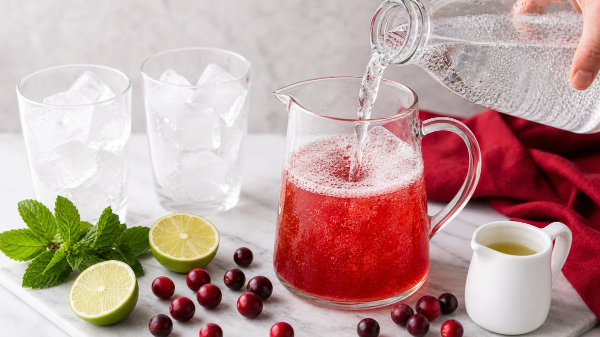 Sparkling water being poured into cranberry lime mocktail mixture in a glass pitcher.
