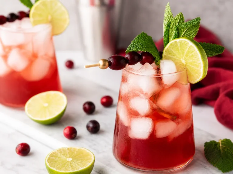 Sparkling cranberry lime mocktail with ice, fresh cranberries, lime slices, and mint.