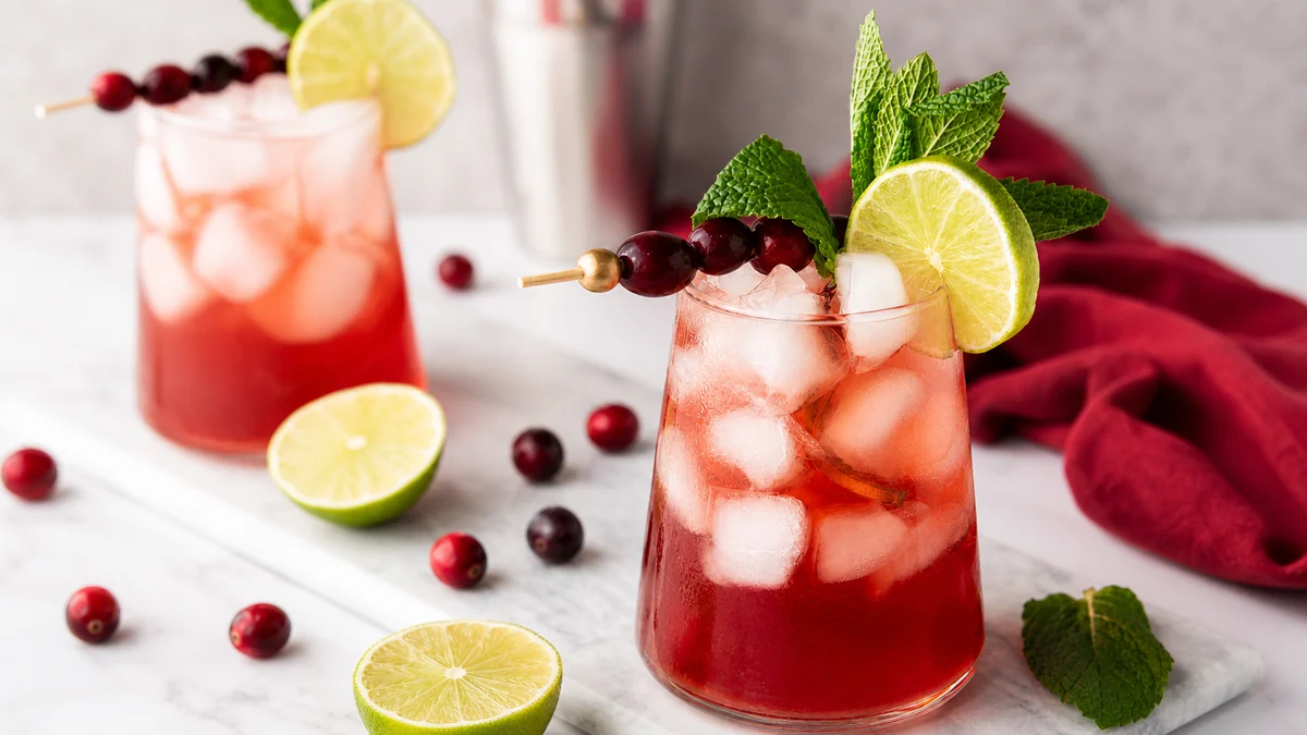 Two finished cranberry lime mocktails with fresh lime, cranberries, and mint on a marble surface.