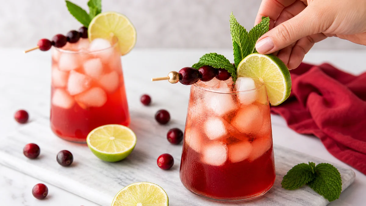A cranberry lime mocktail being garnished with fresh lime and mint.