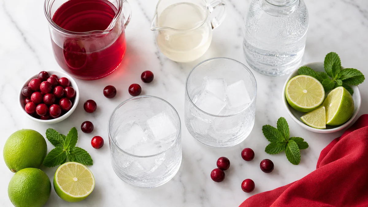 Glasses filled with ice beside cranberry juice, lime, mint, and sparkling water.