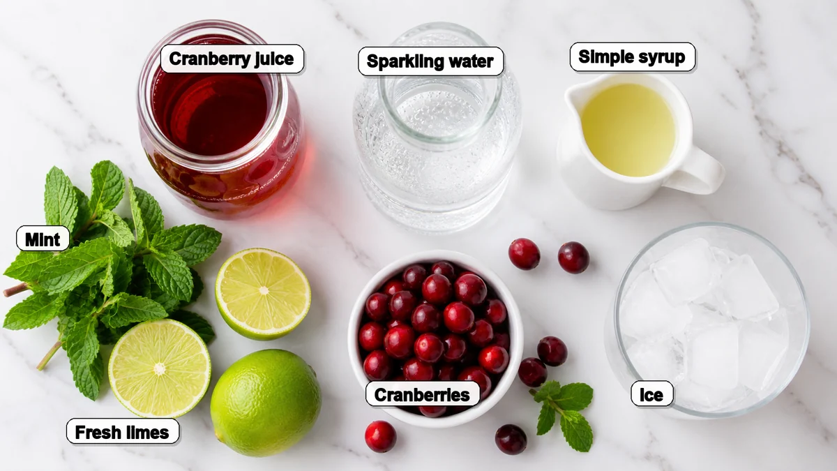 Labeled ingredients for a cranberry lime mocktail including cranberry juice, sparkling water, simple syrup, limes, cranberries, mint, and ice.