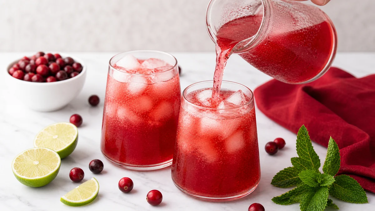 Cranberry lime mocktail being poured from a pitcher into ice-filled glasses.