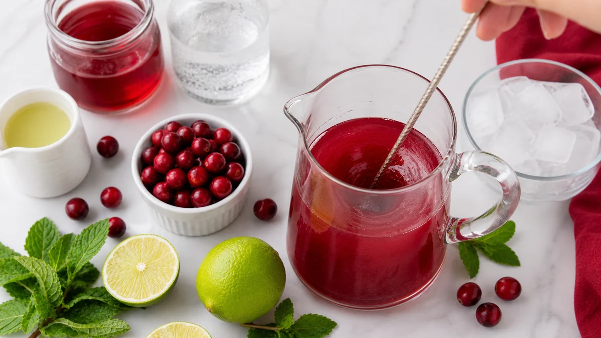 Cranberry juice, lime juice, and simple syrup being stirred together in a glass pitcher.