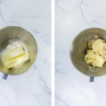 Flour, butter, salt, and sugar in a mixer bowl beside the finished no-roll pie crust dough.