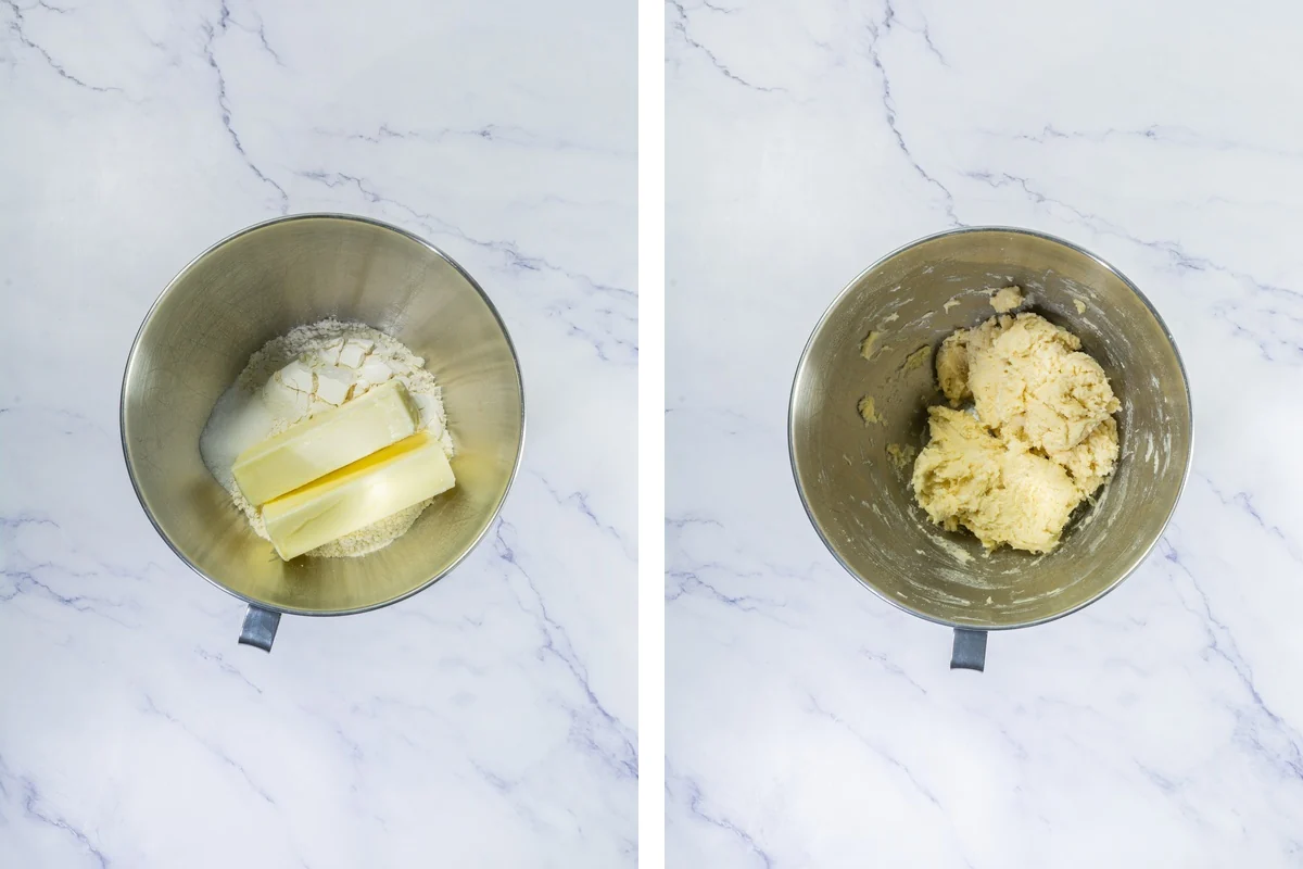 Flour, butter, salt, and sugar in a mixer bowl beside the finished no-roll pie crust dough.