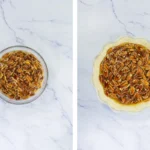 Pecans stirred into bourbon pie filling beside the filling poured into the chilled crust.