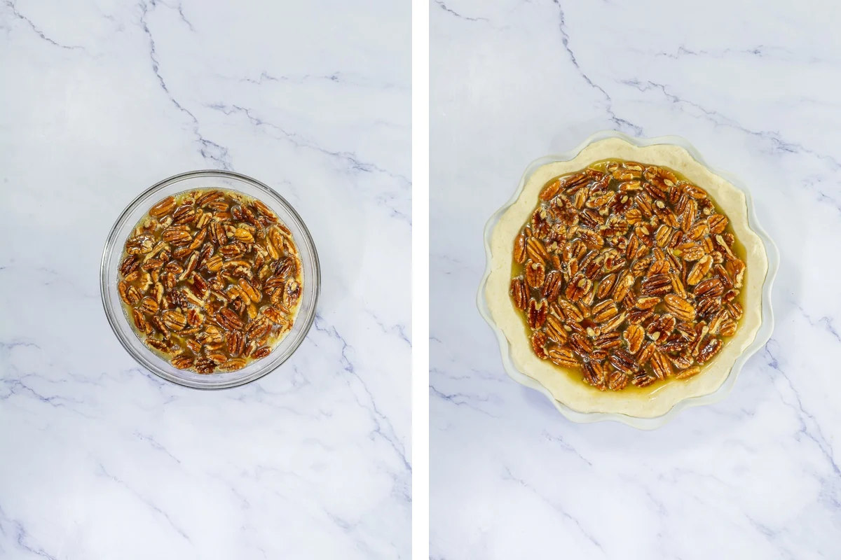 Pecans stirred into bourbon pie filling beside the filling poured into the chilled crust.