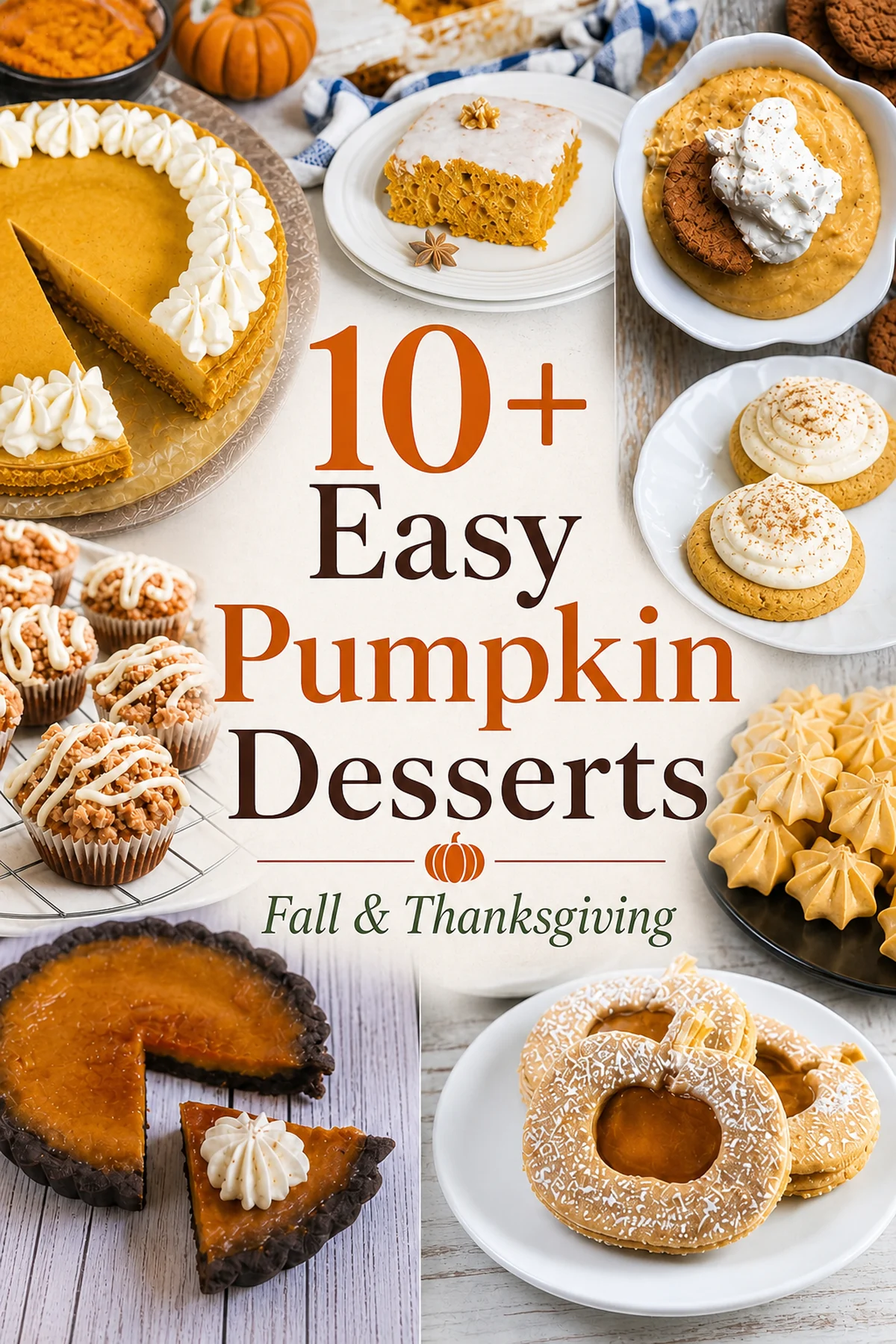 Pinterest pin made from close-up pumpkin dessert photos for 10+ easy pumpkin desserts for fall and Thanksgiving.
