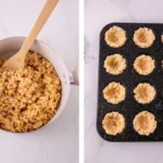Rice Krispie crust mixture in a pot beside mini crusts pressed into a muffin tin.