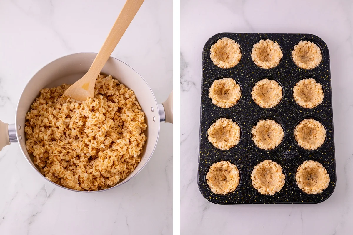 Rice Krispie crust mixture in a pot beside mini crusts pressed into a muffin tin.