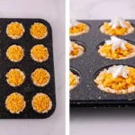 Mini Rice Krispie crusts filled with pumpkin cereal mixture and topped with whipped cream.