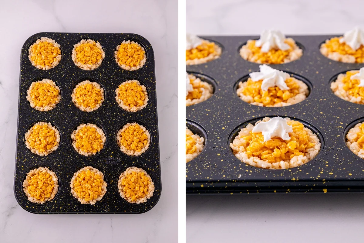 Mini Rice Krispie crusts filled with pumpkin cereal mixture and topped with whipped cream.