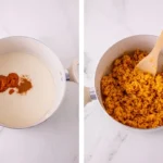Pumpkin puree and spice in melted marshmallows beside orange Rice Krispie filling.