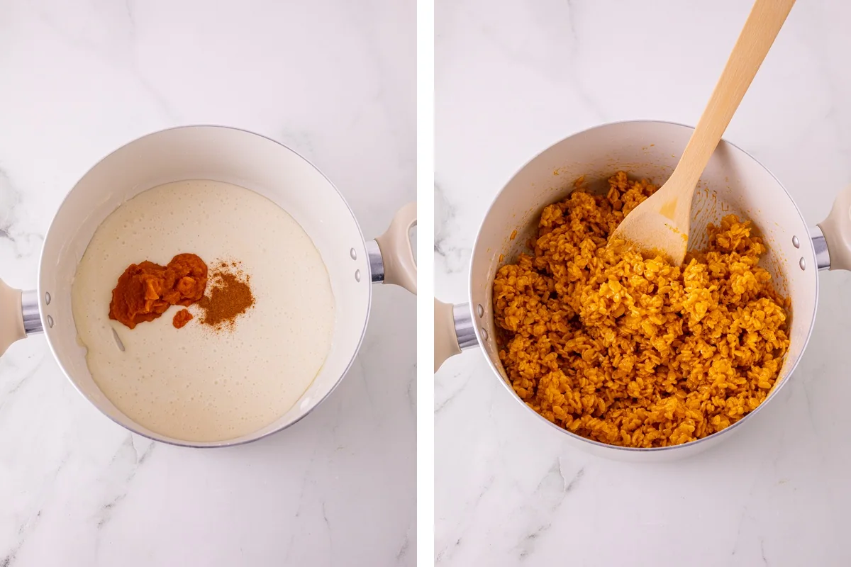 Pumpkin puree and spice in melted marshmallows beside orange Rice Krispie filling.
