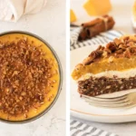 Pumpkin topping on the cheesecake beside a close-up slice showing the chocolate crust and mascarpone layer.