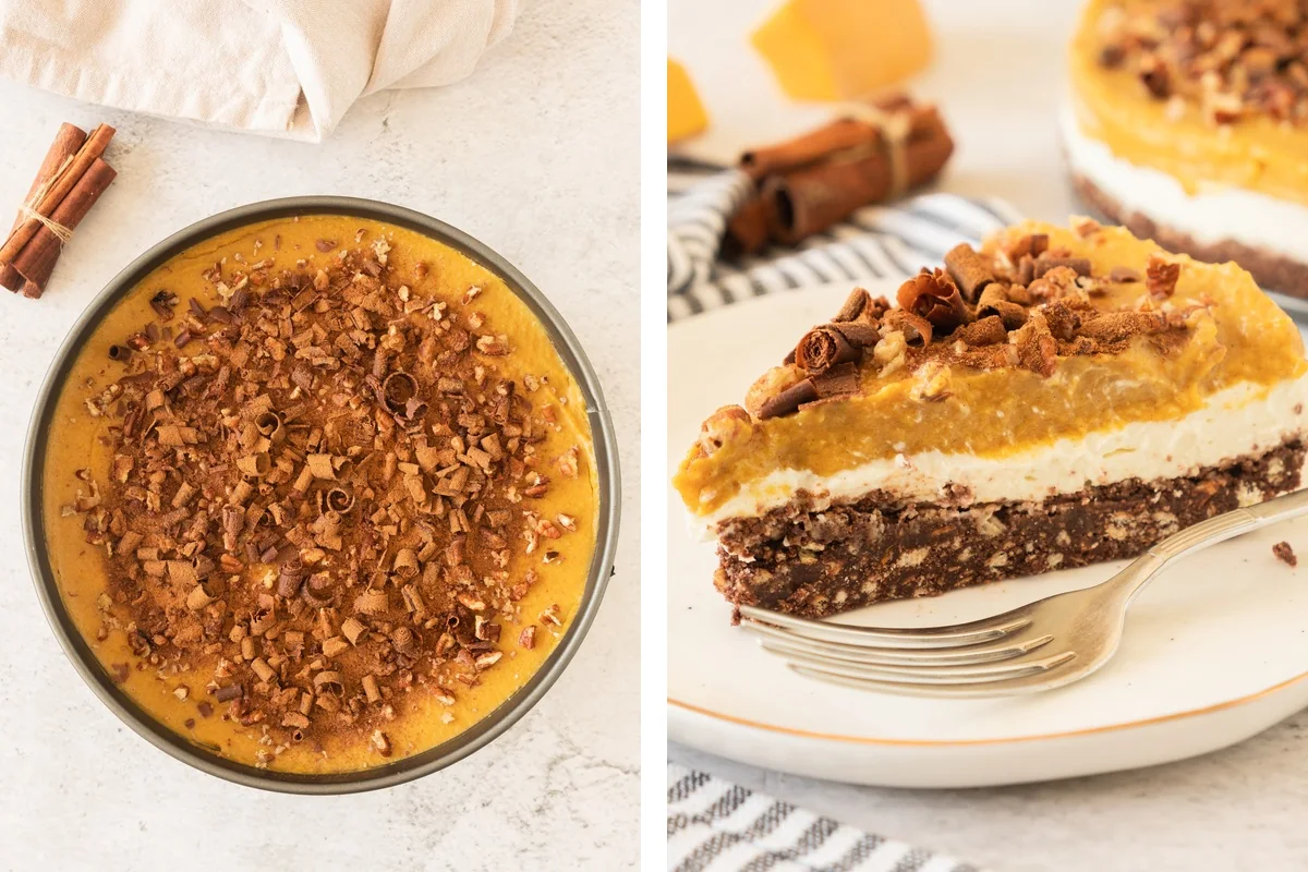 Pumpkin topping on the cheesecake beside a close-up slice showing the chocolate crust and mascarpone layer.