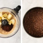 Chocolate biscuit crust mixture beside the crust pressed into a springform pan.