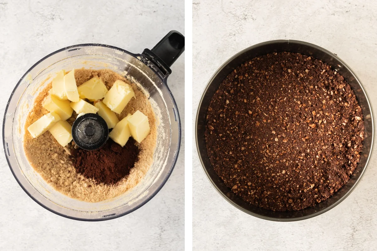 Chocolate biscuit crust mixture beside the crust pressed into a springform pan.