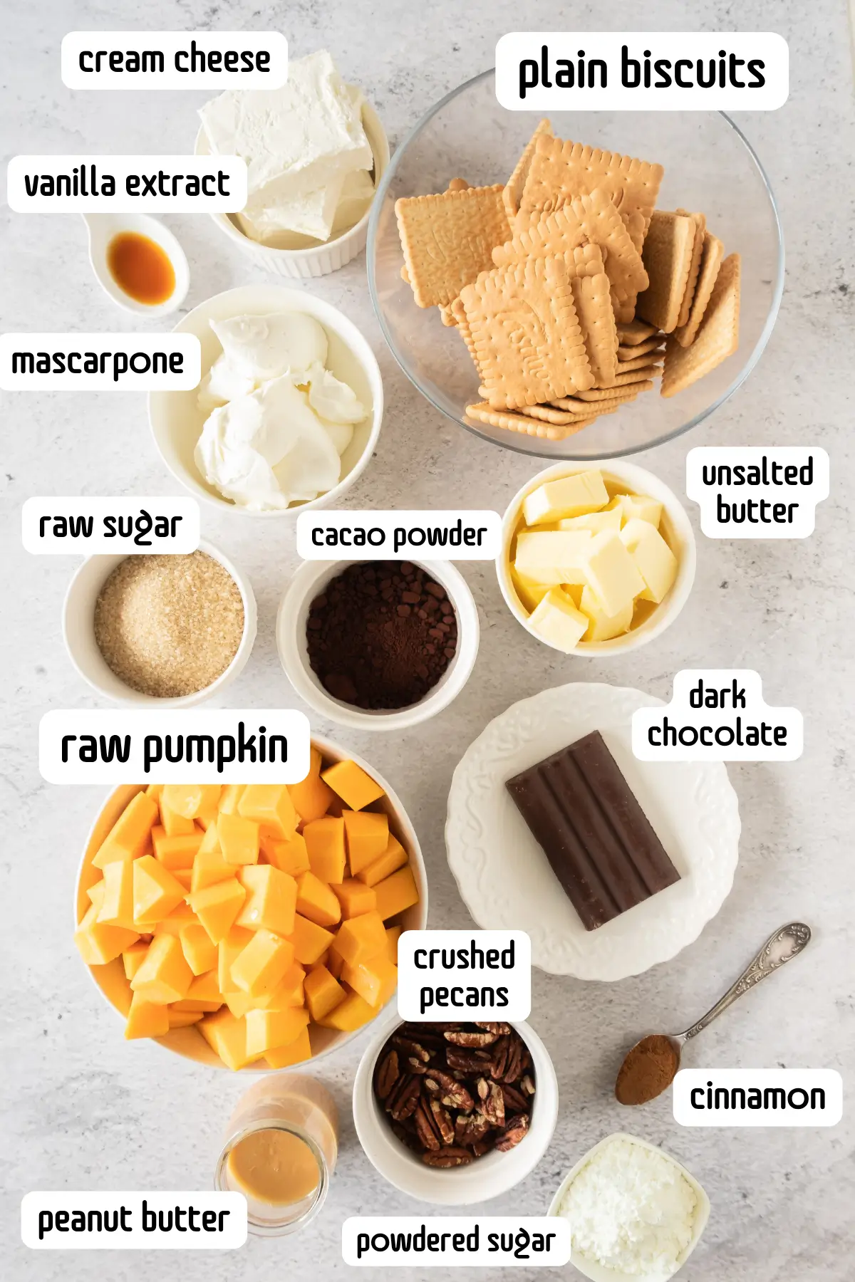 Ingredients for no bake pumpkin cheesecake with chocolate crust