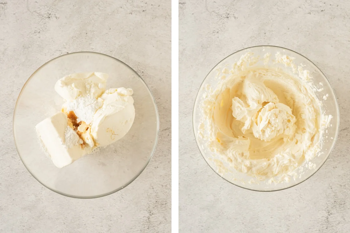 Cream cheese, mascarpone, powdered sugar, and vanilla beside the mixed cheesecake filling.