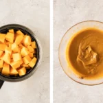Pumpkin cubes in a steamer basket beside blended cinnamon pumpkin topping.