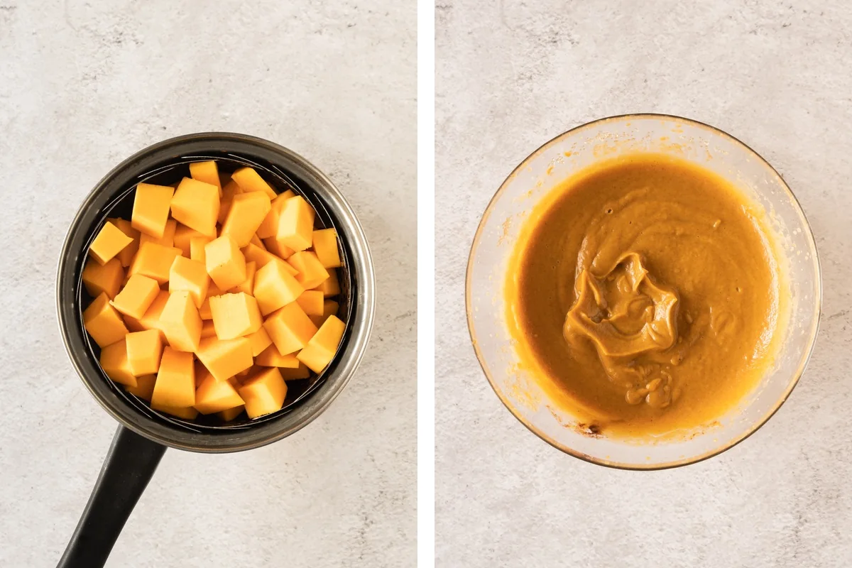 Pumpkin cubes in a steamer basket beside blended cinnamon pumpkin topping.