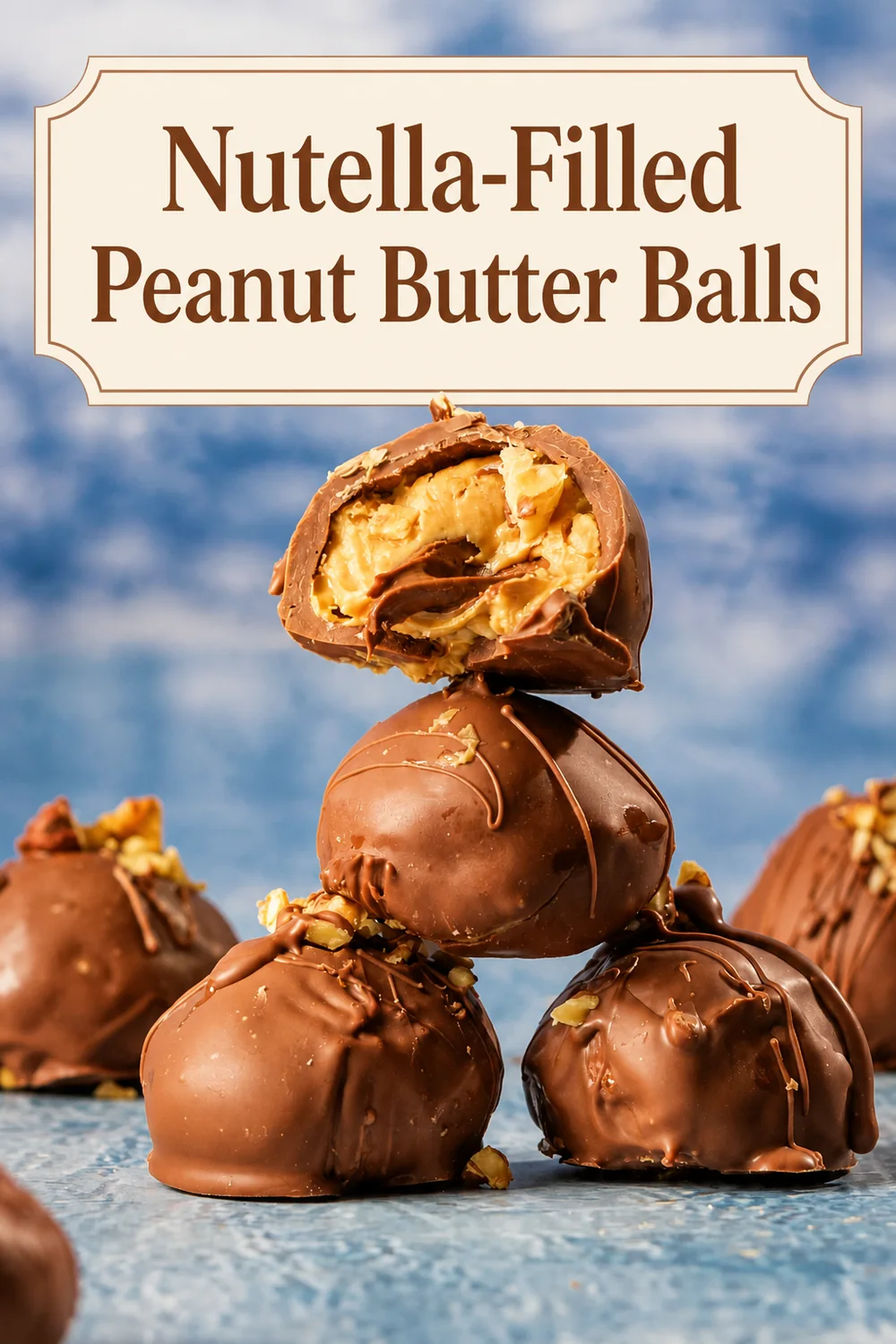 Pinterest pin for Nutella-filled peanut butter balls with a visible creamy center.