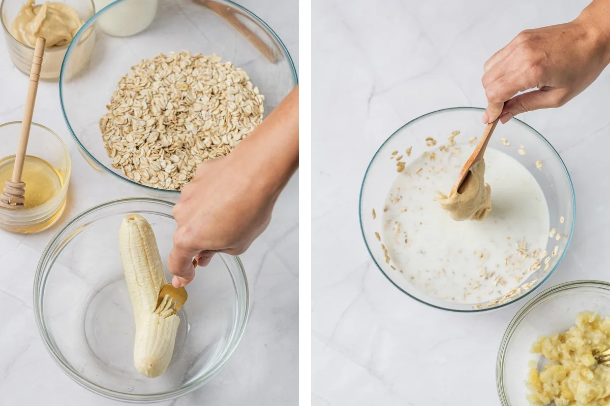 Peanut Butter Banana Overnight Oats Without Yogurt Mashing banana and stirring peanut butter into oats and milk for overnight oats.