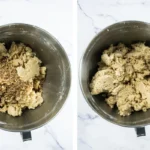 Finely chopped pecans added to shortbread dough beside the mixed pecan dough.