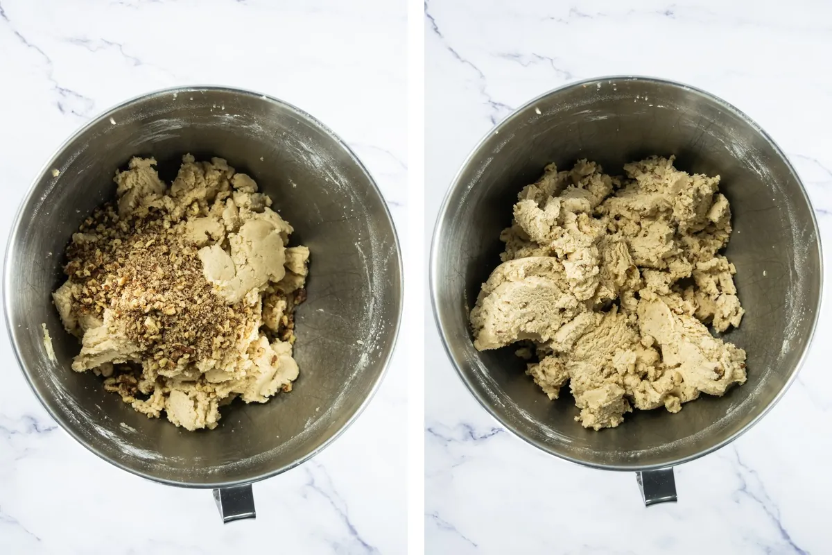 Finely chopped pecans added to shortbread dough beside the mixed pecan dough.