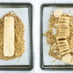 Pecan shortbread dough rolled in turbinado sugar and pecans beside sliced cookie dough.
