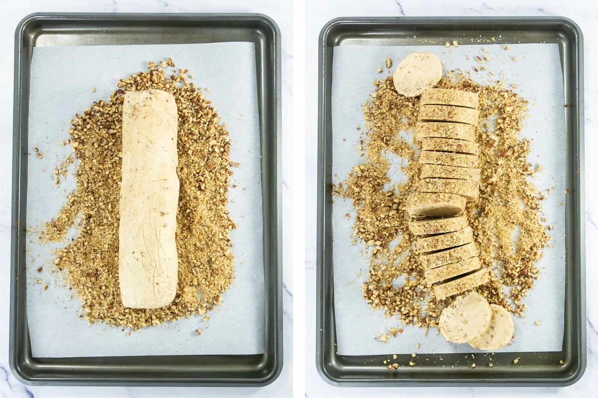 Pecan shortbread dough rolled in turbinado sugar and pecans beside sliced cookie dough.