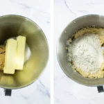 Butter and sugars in a mixer beside flour added to pecan shortbread cookie dough.